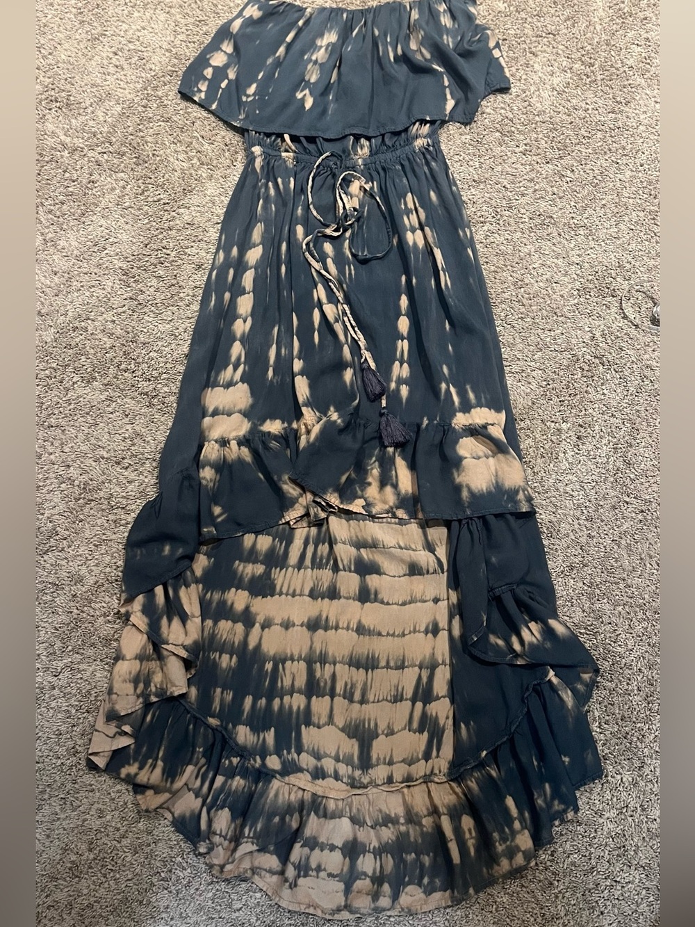 Tie-Dye Ruffled High-Low Maxi Dress in Grey and Beige 100% rayon
